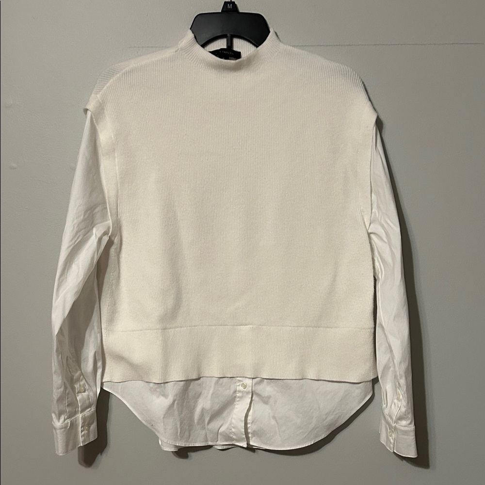 Ann Taylor Cream Ribbed Knit/cotton Top. Faux sweater look. Med.